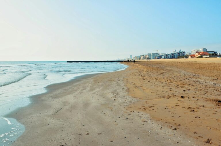 A peaceful urban beach scene with sand, sea, and city skyline under a clear sky.