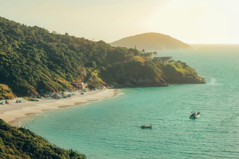 A breathtaking aerial view of Arraial do Cabo's turquoise waters and pristine beaches.