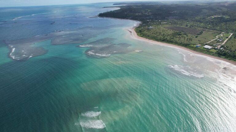 Breathtaking aerial view of the turquoise coastline of São Miguel dos Milagres, Brazil.
