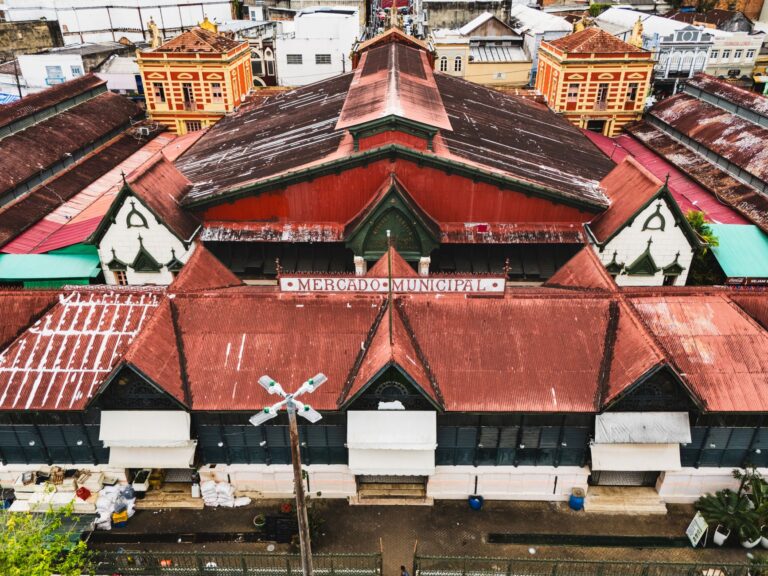 Historic Mercado Municipal in Manaus, Brazil, showcasing classic architecture from above.