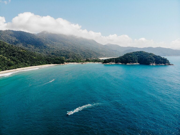 A stunning aerial view of the lush coastline and turquoise waters of Ilha Grande, Rio de Janeiro, Brazil.
