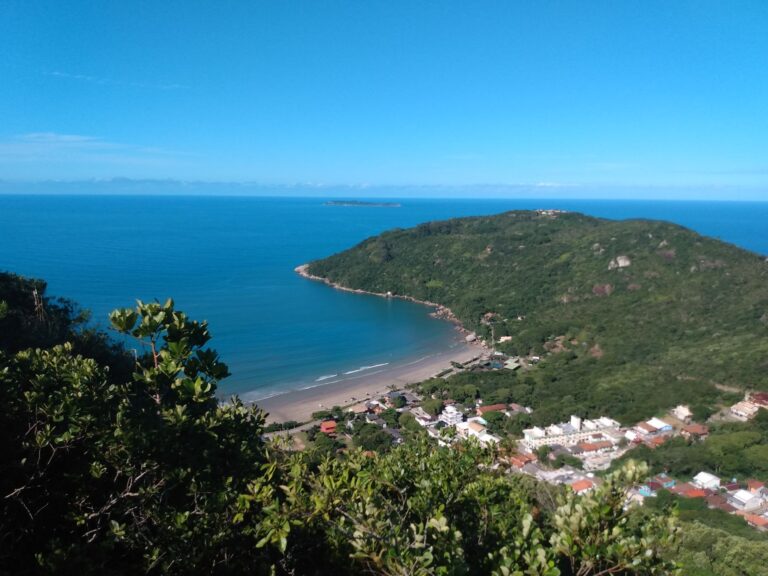 Aerial view of Canto Grande beach in Brazil with lush greenery and blue ocean waters.