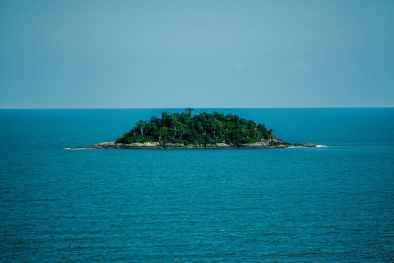 Serene view of a lush green island surrounded by calm turquoise waters under a blue sky in Peruíbe, Brazil.