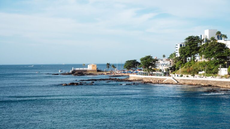 A bright day overlooking the scenic coastline of Salvador, Brazil with vibrant water and lush greenery.