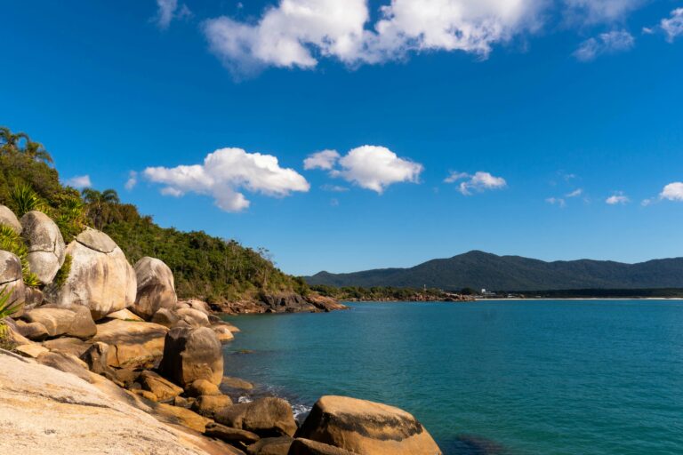 Rocky coastline with blue ocean and green hills