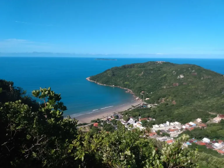 Aerial view of Canto Grande beach in Brazil with lush greenery and blue ocean waters.